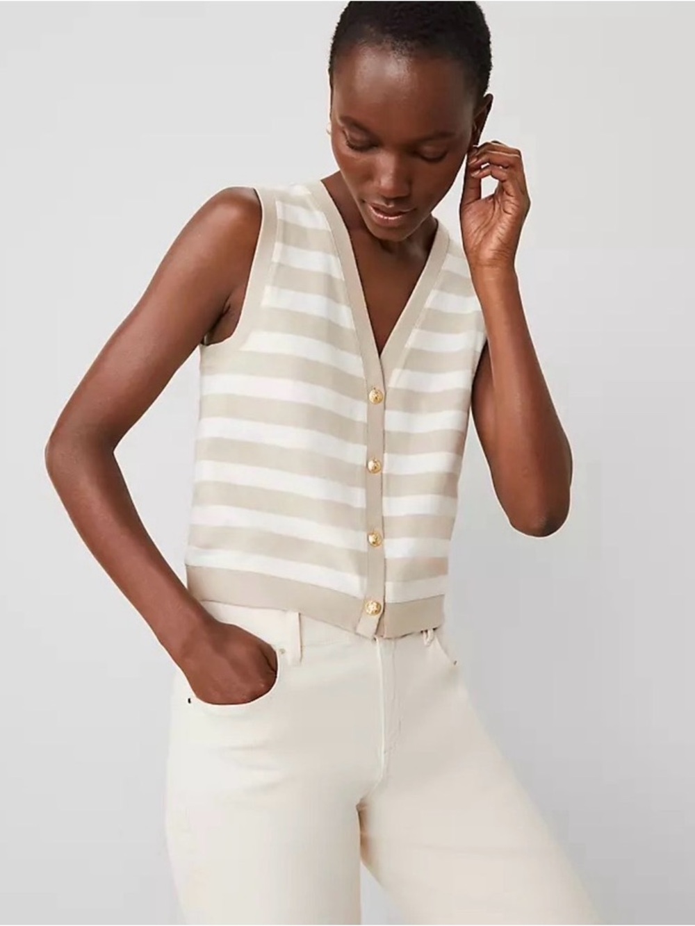 Ann Taylor Beige & White Striped V-Neck Knit Vest